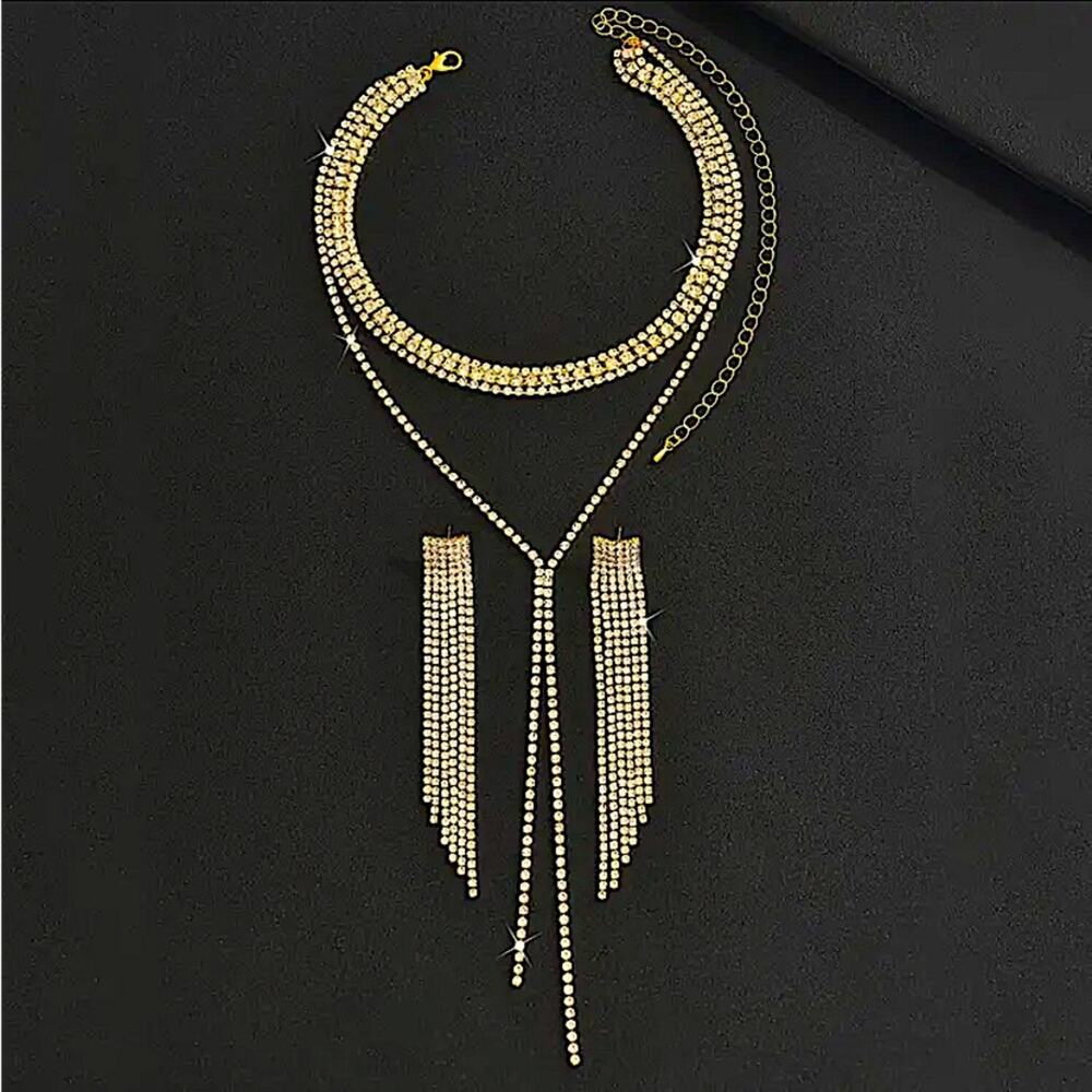 Gold Crystal Y Lariat Choker Matching Earrings Rhinestone Necklace New … - Picture 3 of 4